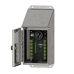 A render of a CTC SB262 stainless steel, slope top switch box shown with front lid unlatched.